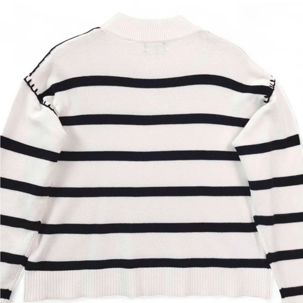 Tahari Women L/G White Black Stripe Mock‎ Neck Long Sleeve Sweater Knit Top - Picture 2 of 9